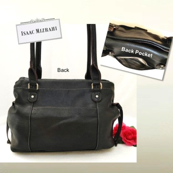 Isaac Mizrahi Black Leather Shoulder Bag Handbag Tote Satchel Magnet Drawstrings - Picture 4 of 13